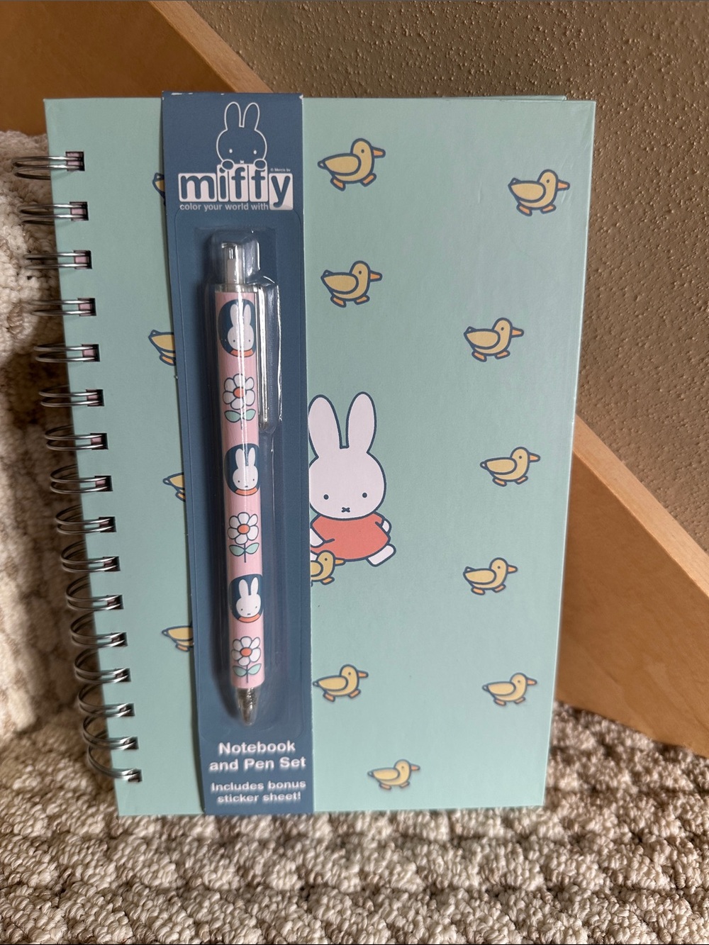 miffy Mint Green Notebook and Pink Pen Set with Yellow Ducks